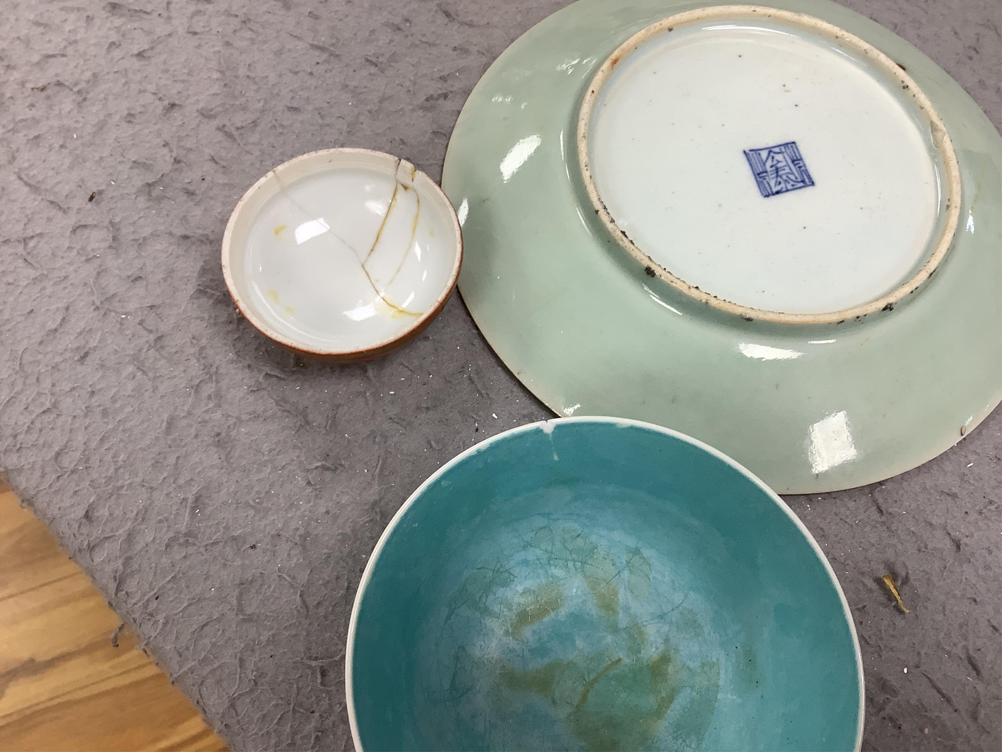 A group Oriental ceramics including Chinese famille rose plates, various tea bowls, a teapot, vases etc., tallest blue and white vase 21.5cm high (28). Condition - fair
